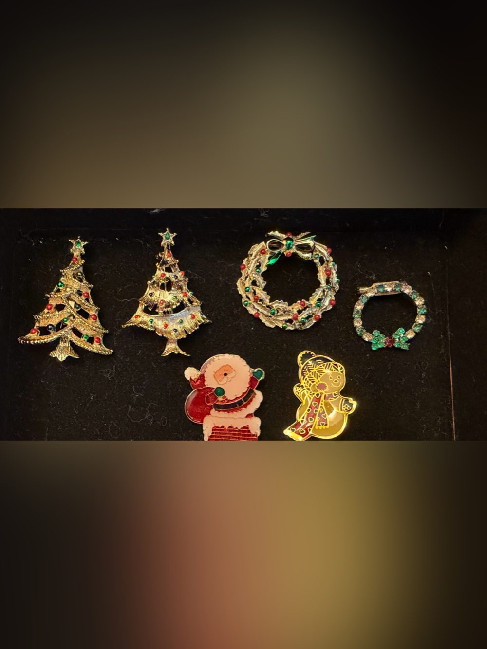Vintage set of 6 Gold-Tone Christmas Holiday Pin Set with Red & Green Accents